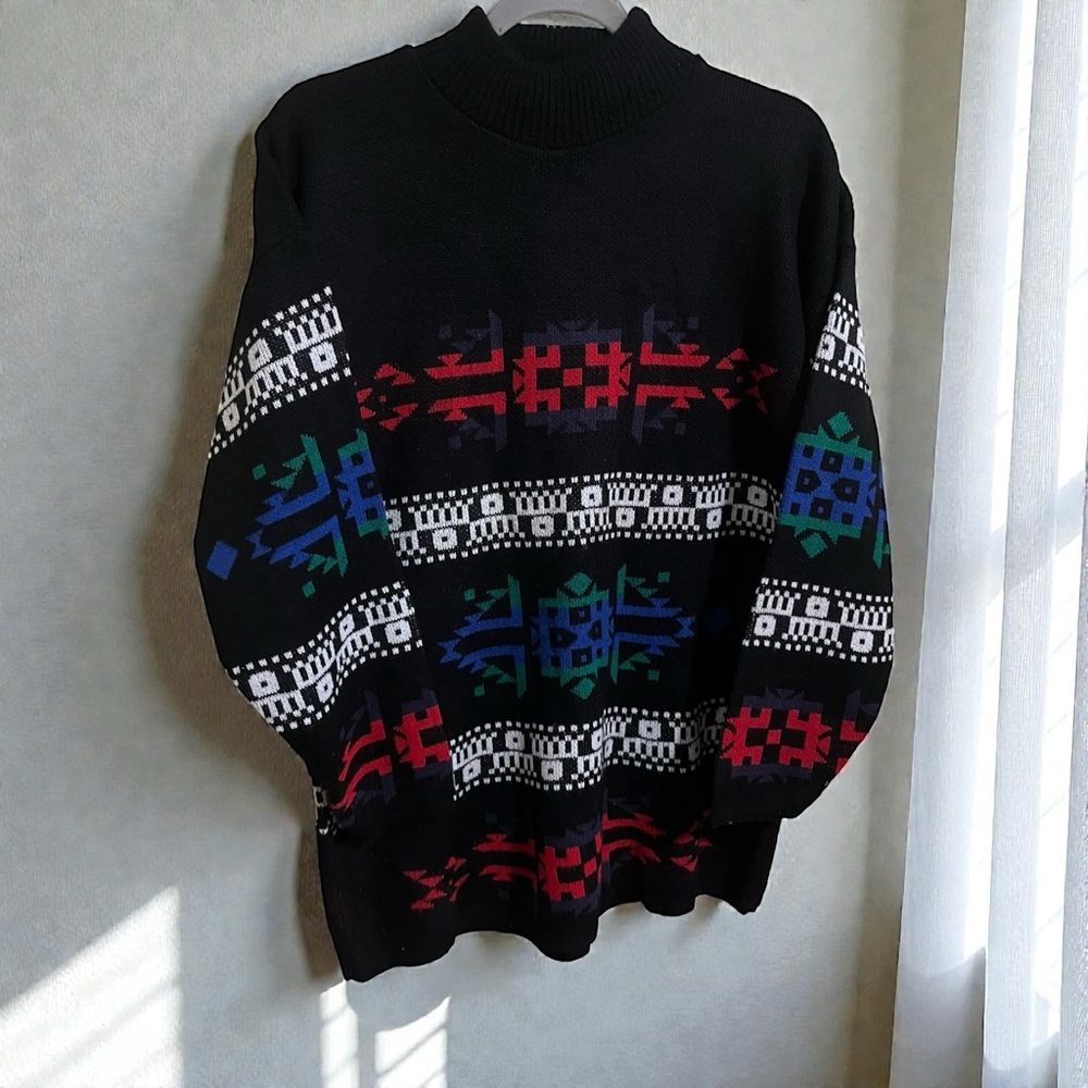 VTG 90s Mock Neck American Pride Southwestern Lodge Sweater Tribal Aztec Geo M